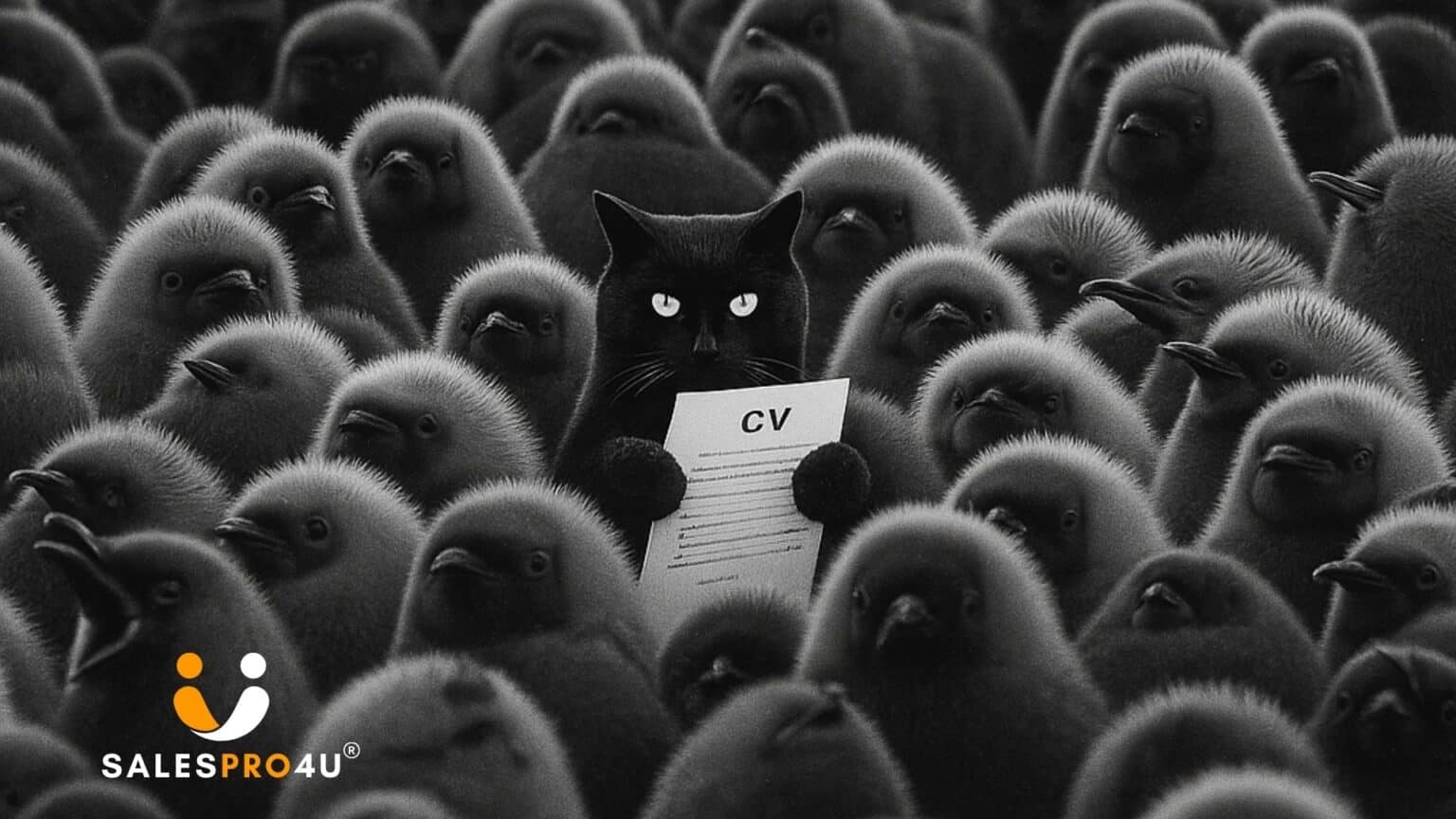 A black cat holding its résumé, standing among a group of penguins who all look identical